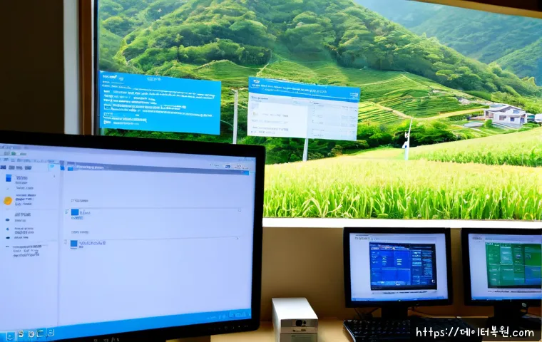 중부면 STATUS_KERNEL_FILE_SYSTEM_ERROR - Photorealistic IT support workstation in a quiet Korean hillside township office, dual monitors show...