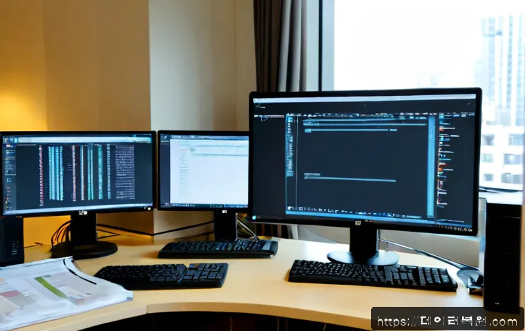 문배동 STATUS_KERNEL_FILE_SYSTEM_ERROR - Photorealistic IT support workstation in a compact Mubae-dong office, dual monitors showing abstract...