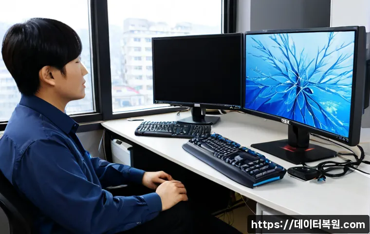 등촌동 WATCHDOG_VIOLATION - Photorealistic IT support workstation in a compact Deungchon-dong office, dual monitors showing a fr...