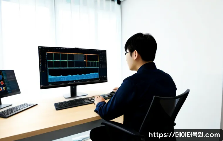 덕은동 STATUS_STACK_UNDERFLOW - Photorealistic IT support workstation in a modern Deogeun-dong office, dual monitors showing abstrac...