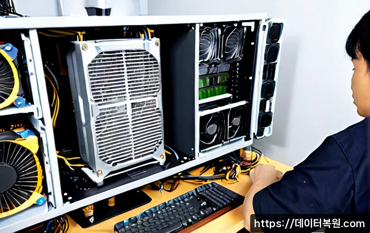 당산동 쿨러조립 및 교체수리 - Photorealistic close-up of a desktop PC repair bench in a compact Dangsan-dong office, technician in...