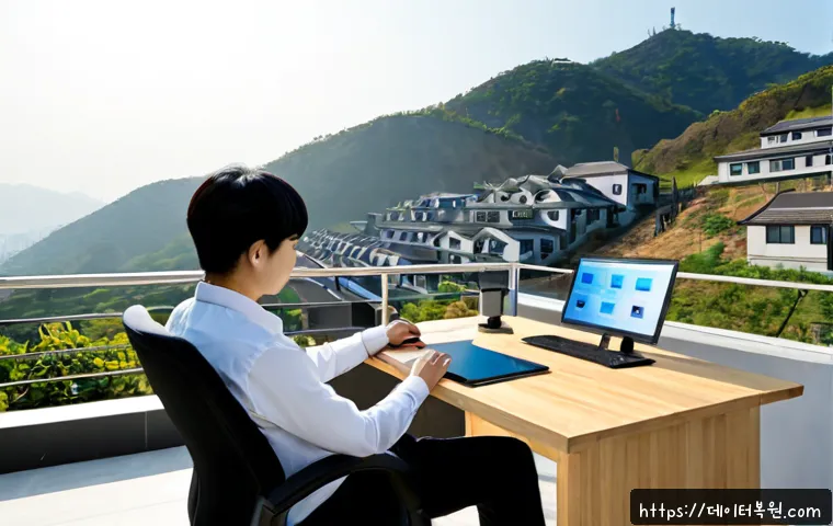 창전동 STATUS_ILLEGAL_INSTRUCTION - Photorealistic compact home office in a hillside residential neighborhood, remote support specialist...
