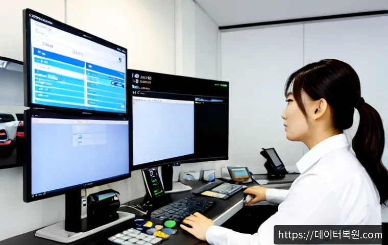 주자동 STATUS_INVALID_CALLER - Photorealistic automotive diagnostics workstation in a modern parking management office, dual monito...