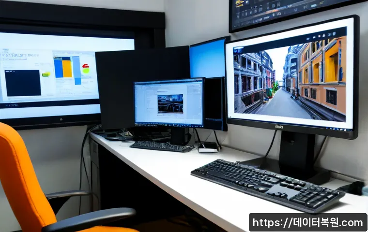 적선동 컴퓨터멈춤 - Photorealistic desktop support scene in a compact Jongno office near an old alleyway, frustrated des...