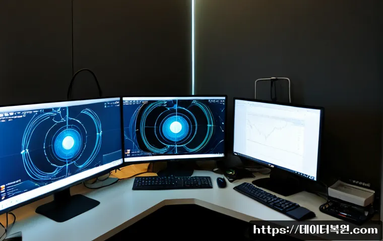 충정로 THREAD_TERMINATION_PORT - Photorealistic remote-support workstation in a compact Chungjeongno office, dual monitors showing an...