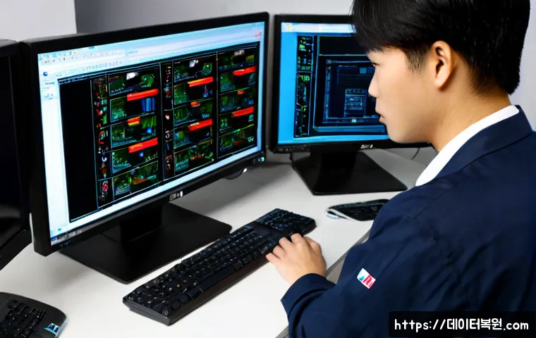 가산동 ATTEMPTED_EXECUTE_OF_NOEXECUTE_MEMORY - Photorealistic IT support workstation in Gasan Digital Complex, dual monitors showing abstract memor...