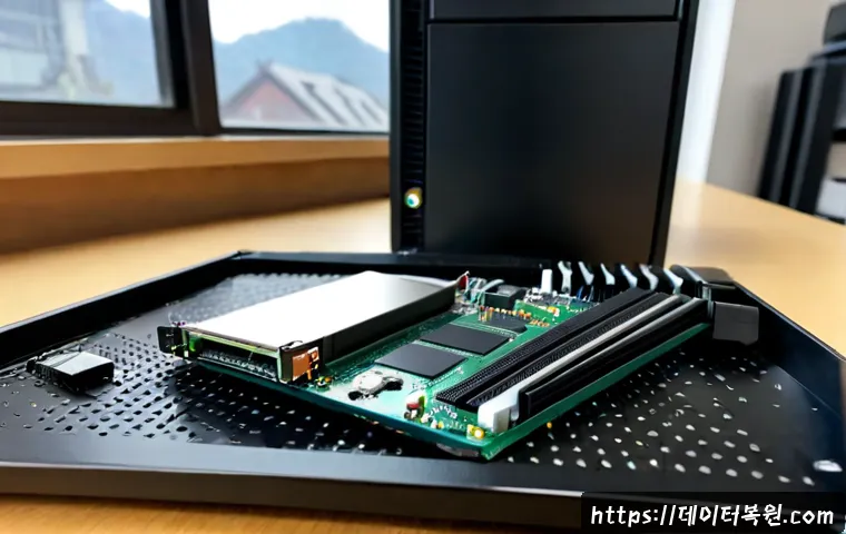 과천동 SSD조립 및 교체수리 - Photorealistic computer repair workstation in Gwacheon-dong, technician carefully installing a sleek...
