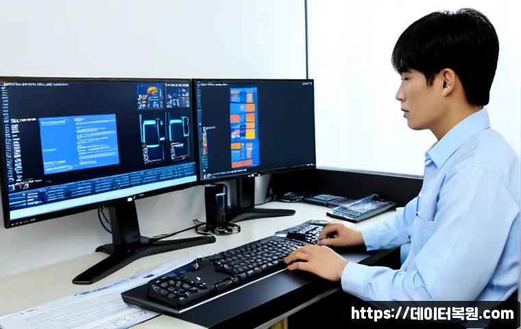 대화동 WHEA_UNCORRECTABLE_ERROR - Photorealistic remote-support workstation in a modern Daehwa district office, dual monitors showing ...