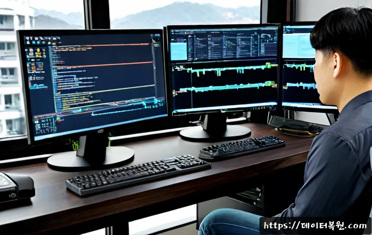석관동 DRIVER_CAUGHT_MODIFYING_FREED_POOL - Photorealistic cybersecurity workstation in a compact Seokgwan-dong office, dual monitors showing ab...