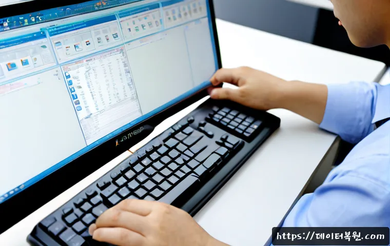 관산동 press  f4  key - Photorealistic IT support workstation in a quiet Gwan-san-dong office, technician pressing an unlabe...
