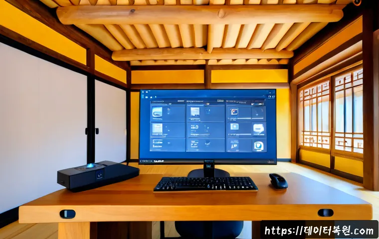 익선동 STATUS_INSUFFICIENT_RESOURCES - Photorealistic remote support technician at a modern workstation inside a renovated traditional cour...