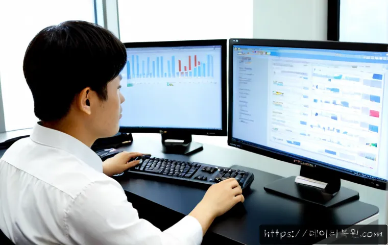 강남구 STATUS_KERNEL_DISK_ERROR - Photorealistic IT support workstation in a sleek Gangnam office tower, dual monitors showing a non-b...