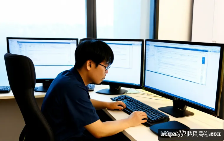 신공덕동 centos재설치 포맷  초기화 - Photorealistic IT technician reinstalling a Linux-based operating system on a dual-monitor workstati...