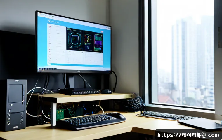군자동 STATUS_PRIVILEGED_INSTRUCTION - Photorealistic remote IT support workstation in a compact modern Seoul apartment office, dual monito...