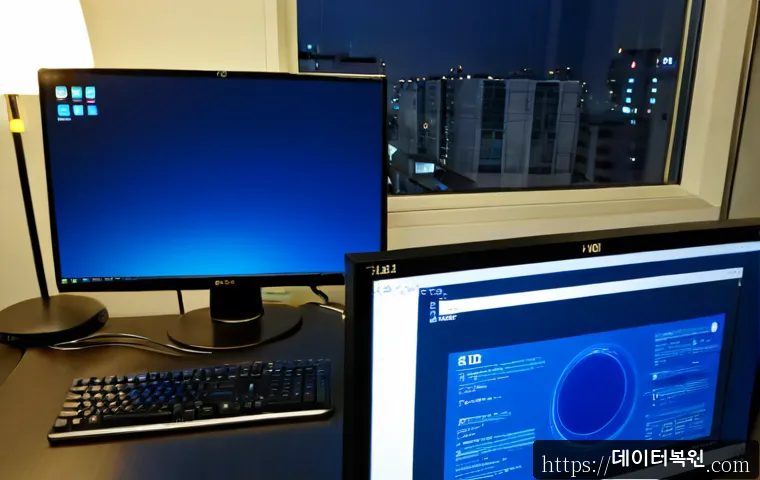 돈의동 DRIVER_CORRUPTED_EXPOOL - Photorealistic IT support workstation in a compact Donui-dong office, desktop monitor showing a blan...