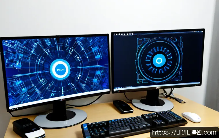 역촌동 NDIS_INTERNAL_ERROR - Photorealistic IT support workstation in a compact Yeokchon-dong apartment office, dual monitors sho...