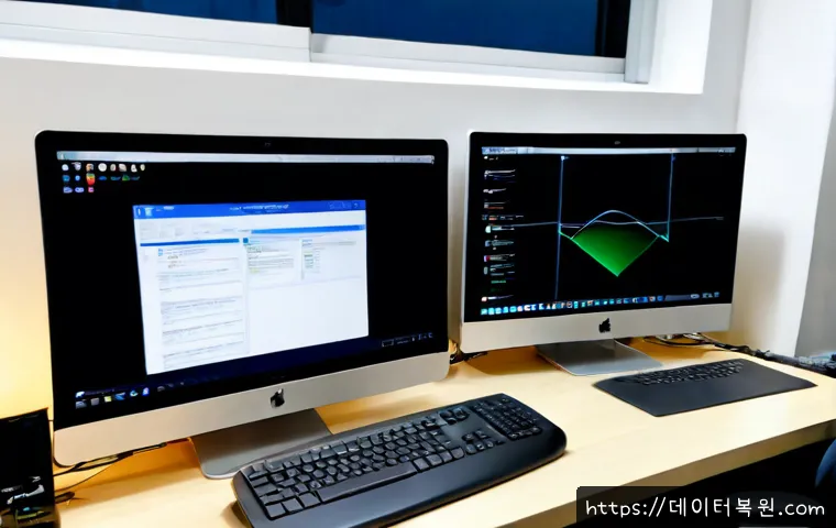 신원동 STATUS_DEVICE_OFFLINE - Photorealistic IT support workstation in a quiet Sinwon-dong apartment office, dual monitors showing...