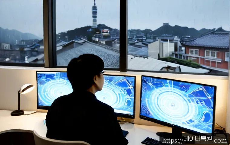 돈의동 UNEXPECTED_KERNEL_MODE_TRAP - Photorealistic IT support workstation in a compact Donui-dong office, ultrawide monitor showing a no...
