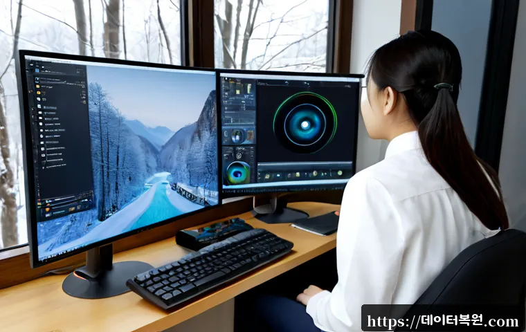 산림동 THREAD_STUCK_IN_DEVICE_DRIVER - Photorealistic IT support workstation in a compact Sangnim-dong apartment office, dual monitors show...