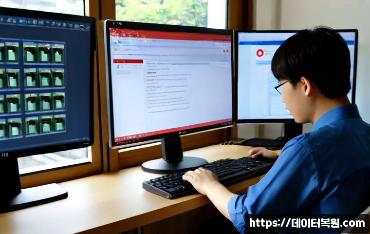 능곡동 STATUS_PROTECTION_ERROR - Photorealistic IT support workstation in Neunggok-dong, dual monitors showing an abstract file-prote...