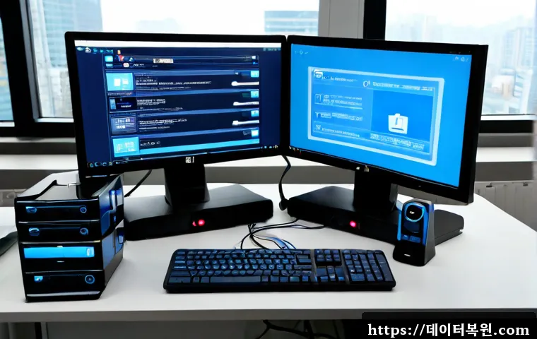 송천동 STATUS_KERNEL_FILE_SYSTEM_ERROR - Photorealistic IT support workstation in a modern Songcheon-dong apartment office, dual monitors sho...