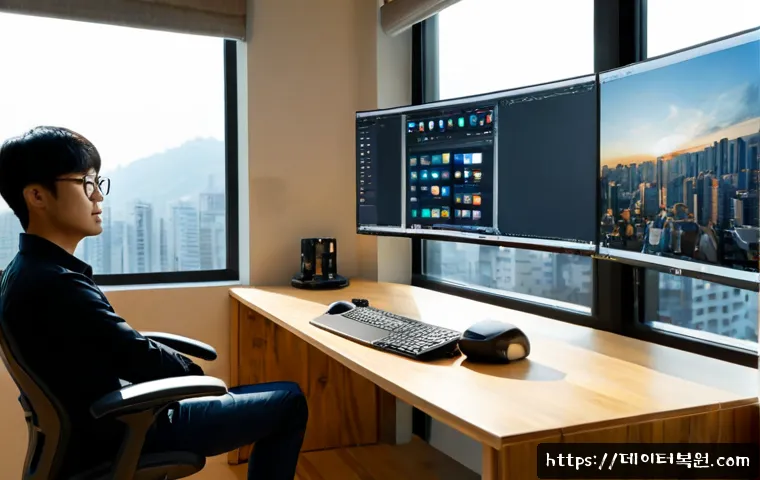 동교동 STATUS_IMAGE_NOT_FOUND - Photorealistic compact creative studio in Donggyo-dong, Seoul, product designer working at a dual-mo...