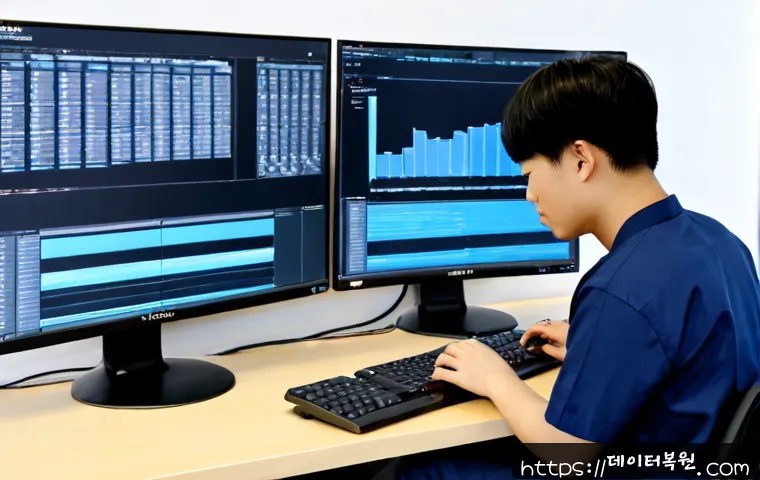 과천동 SESSION3_INITIALIZATION_FAILED - Photorealistic IT support workstation in Gwacheon-dong, dual monitors showing a clean abstract softw...