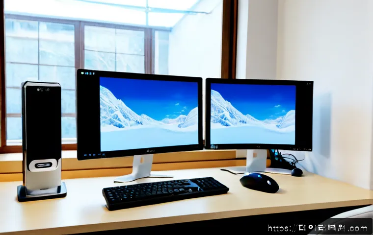 통인동 VIDEO_TDR_FAILURE - Photorealistic remote-support workstation in a quiet Tongin-dong apartment office, dual monitors sho...