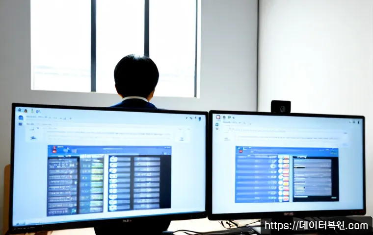 용문동 KERNEL_SECURITY_CHECK_FAILURE - Photorealistic remote IT support workstation in a compact Yongmun-dong office, dual monitors showing...