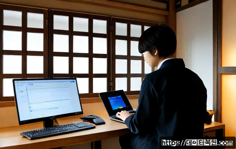 삼청동 STATUS_KERNEL_MODULE_ACCESS_DENIED - Photorealistic remote-support workstation in a quiet Samcheong-dong style studio, dual monitors show...