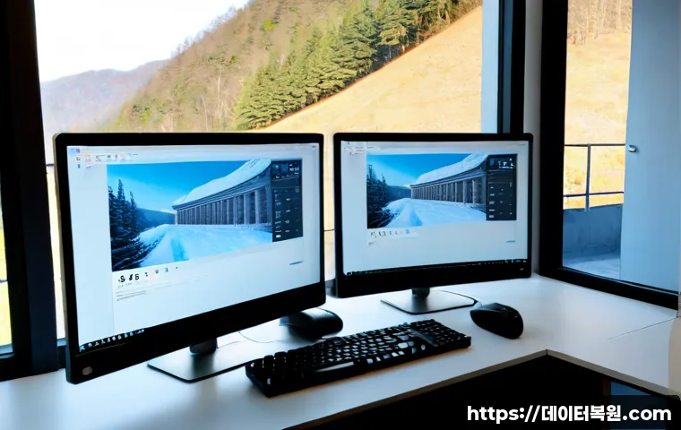 진관동 STATUS_SYSTEM_PROCESS_TERMINATED - Photorealistic remote-support workstation in Jingwan-dong, dual monitors showing a frozen unbranded ...