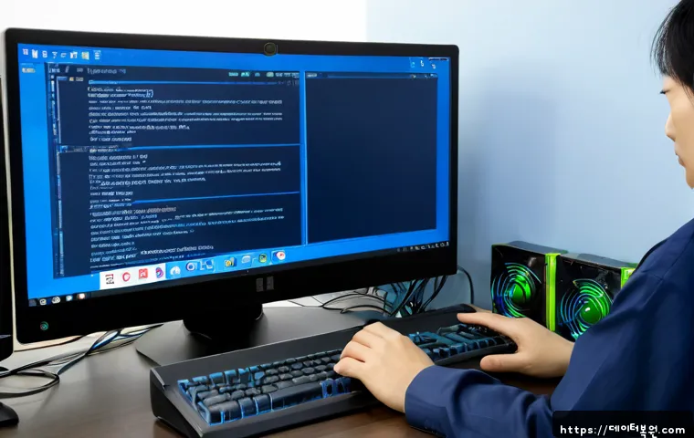 서빙고동 UNMOUNTABLE_BOOT_VOLUME - Photorealistic IT support workstation in a quiet Yongsan residential office, desktop monitor showing...