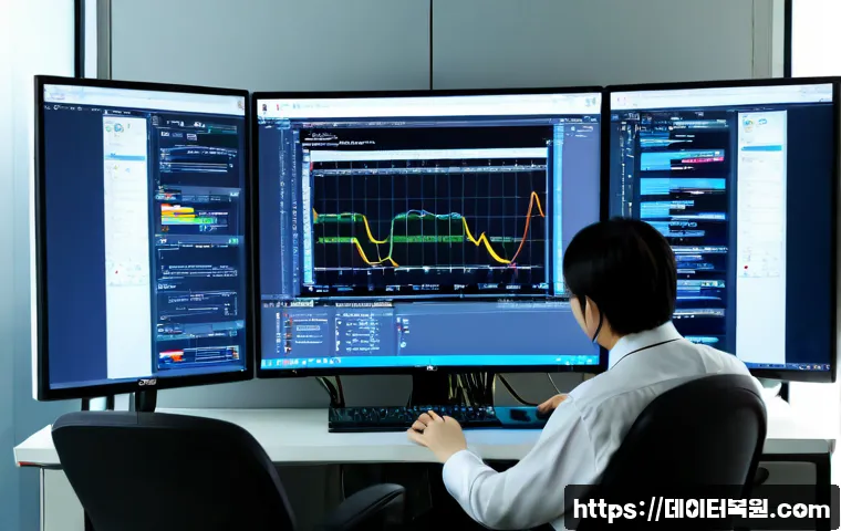 명동 STATUS_KERNEL_FILE_SYSTEM_ERROR - Photorealistic IT support workstation in a compact Myeongdong office, dual monitors showing abstract...