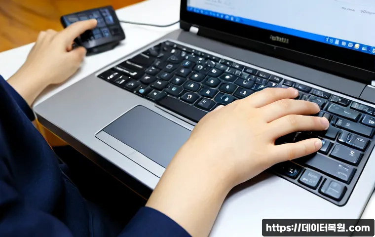돈암동 press f4 key - Photorealistic Korean office workstation in Donam-dong, close-up of a hand pressing the fourth key i...