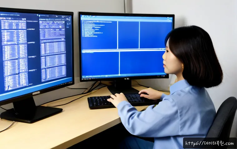 제기동 STATUS_PAGE_FAULT - Photorealistic remote-support workstation in a compact East Asian office, dual monitors showing a bl...