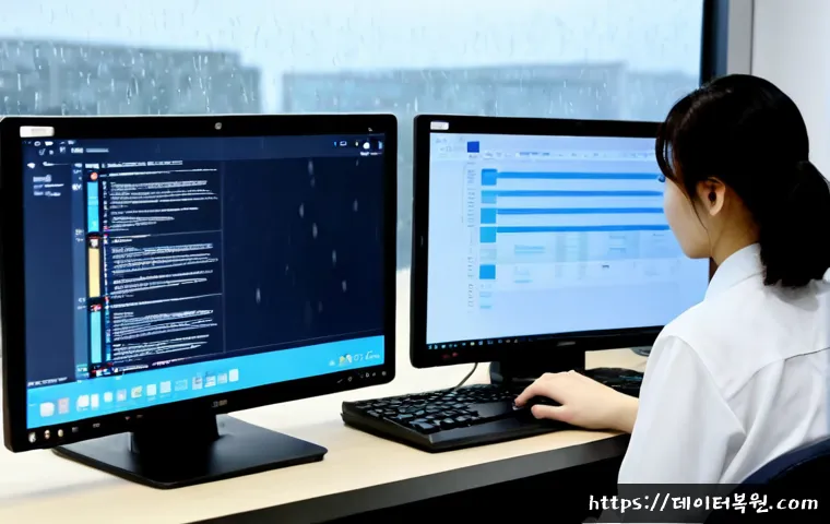 석관동 STATUS_PAGE_FAULT - Photorealistic remote IT support workstation in Seokgwan-dong, dual monitors displaying a blank whit...