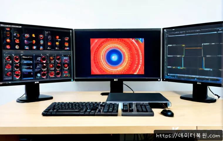 신원동 STATUS_KERNEL_DISK_ERROR - Photorealistic IT support workstation in a quiet suburban apartment near low wooded hills, ultrawide...