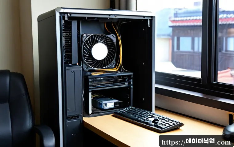 응암동 팬돌다 멈춤 - Photorealistic desktop computer repair workstation in a compact Eungam-dong apartment office, open t...
