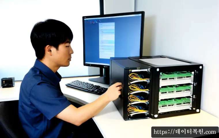대방동 나스 nas 설정및수리 - Photorealistic compact office workstation in Daebang-dong, technician configuring a multi-bay NAS en...
