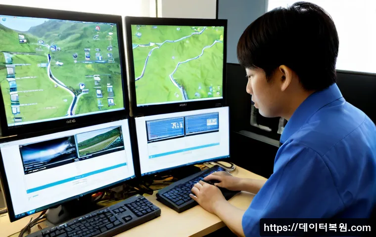 미근동 공장초기화복구 - Photorealistic IT recovery workstation in a compact Seoul office near a quiet hillside district, dua...