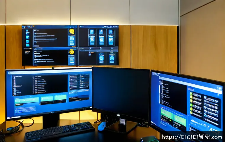 합동 INTERNAL_POWER_ERROR - Photorealistic remote IT support workstation, dual monitors showing a blank blue system recovery scr...
