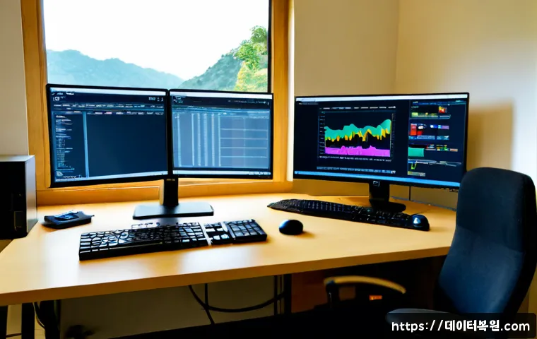 벽제동 MEMORY_MANAGEMENT - Photorealistic IT support workstation in a quiet suburban office near low wooded hills, dual monitor...