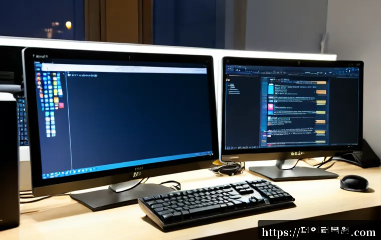 현석동 STATUS_INVALID_PAGE - Photorealistic remote IT support workstation in a compact Korean apartment office, dual monitors sho...