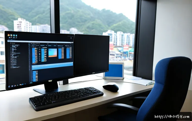 봉래동 STATUS_PROTECTION_ERROR - Photorealistic IT support workstation in a compact Busan port-district office, dual monitors showing...