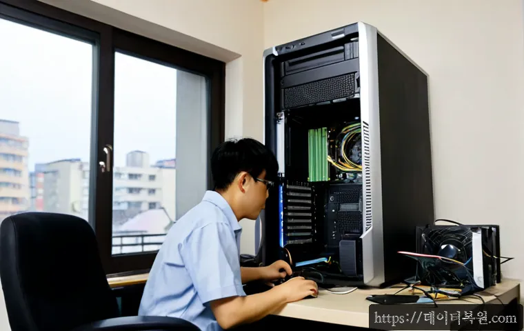 온수동 STATUS_IO_ERROR - Photorealistic IT technician at a compact workstation in a warm-lit Ondong neighborhood office, diag...