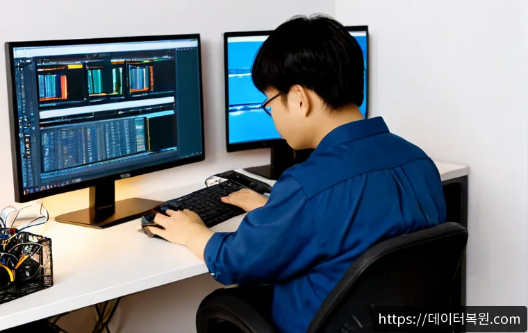 숭인동 STATUS_KERNEL_THREAD_FAILURE - Photorealistic IT support workstation in a compact urban apartment office, dual monitors showing a n...