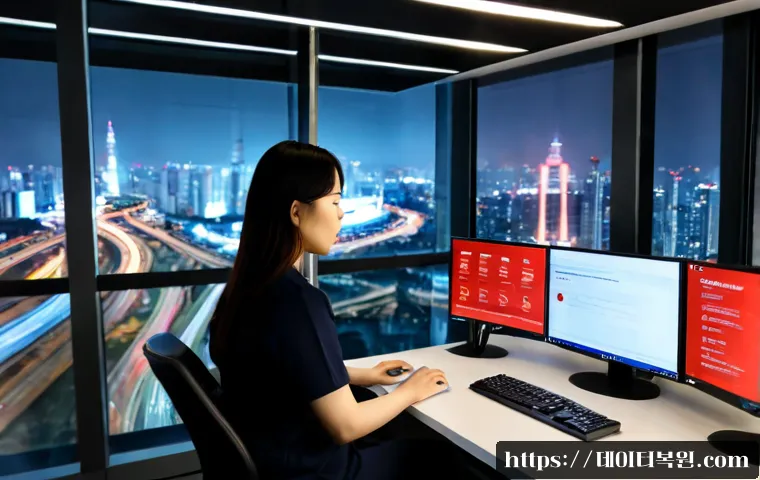 삼성동 STATUS_SECURITY_POLICY_VIOLATION - Photorealistic secure workstation in a modern Samsung-dong office tower, IT specialist reviewing a r...