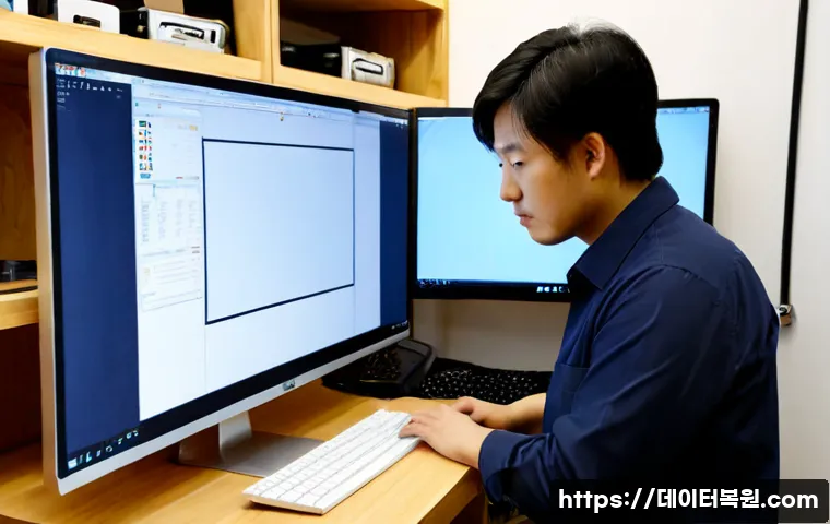 관훈동 STATUS_KERNEL_RESOURCE_ERROR - Photorealistic workstation in a compact Insadong-style design studio, frustrated IT technician exami...