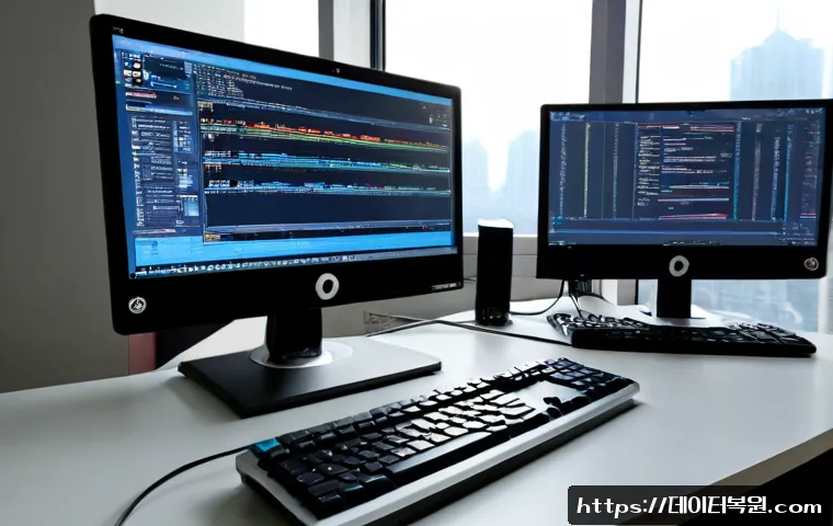 광장동 STATUS_STACK_UNDERFLOW - Photorealistic IT support workstation in Gwangjang-dong, dual monitors showing a clean abstract soft...