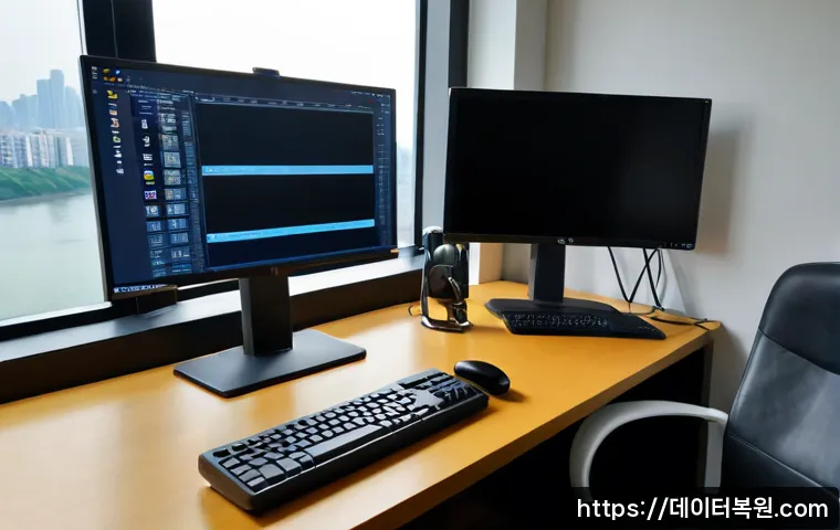 자양동 SESSION3_INITIALIZATION_FAILED - Photorealistic remote-support workstation in a modern Jayang-dong apartment office, dual monitors sh...